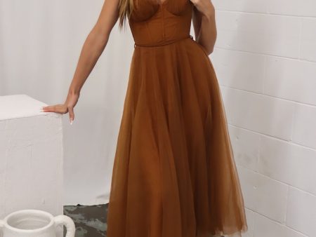 Cindy Tulle Midi Dress - Brown Hot on Sale