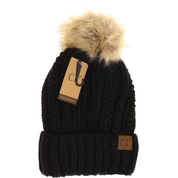 C.C. Beanie With Faux Fur Pom and Fuzzy Lining (Multiple Colors Available) For Cheap