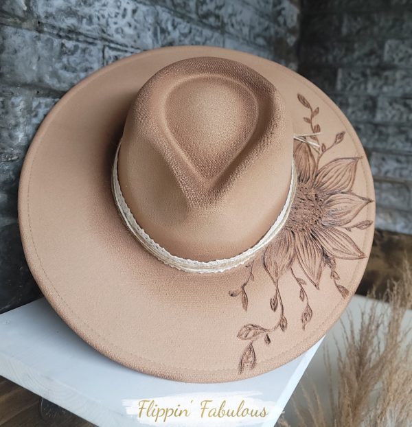 Sunflower Hand Burned Wide Brim Hat Cheap