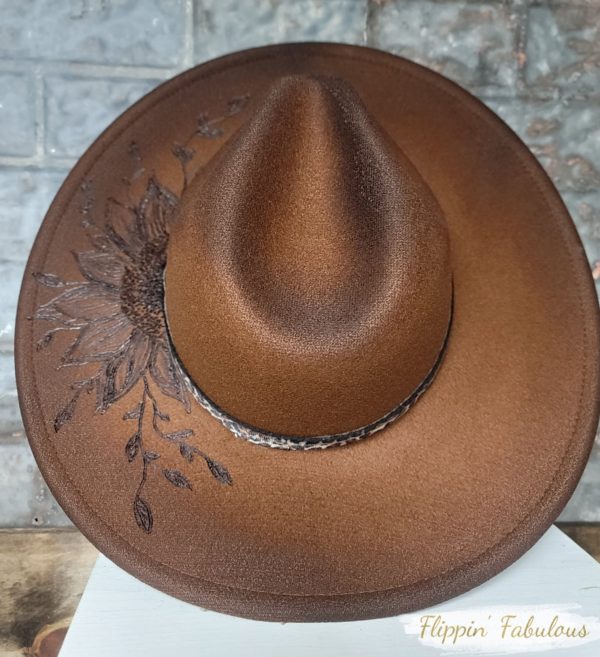 Leo Sunflower Hand Burned Wide Brim Hat Discount