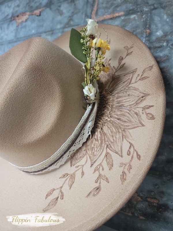 Sunflower Hand Burned Wide Brim Hat Cheap