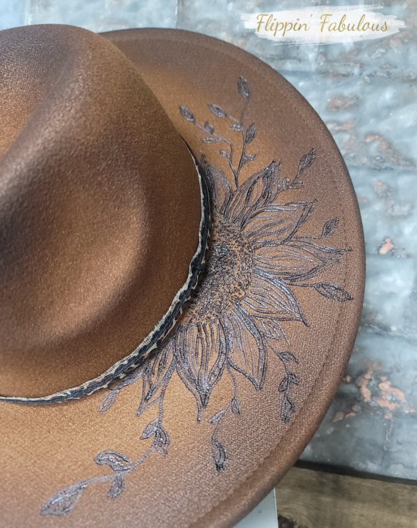 Leo Sunflower Hand Burned Wide Brim Hat Discount