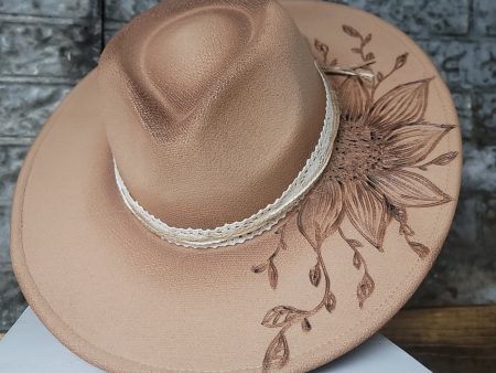 Sunflower Hand Burned Wide Brim Hat Cheap